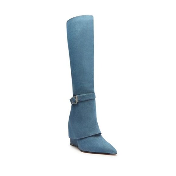 NIB SCHUTZ JORIAN UP CASUAL NAPPA & DENIM BOOT BLUE SUMMER JEANS NAPPA & DENIM - Picture 1 of 6